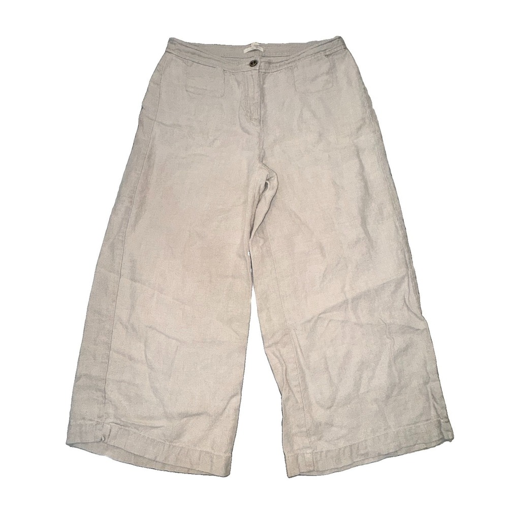 Eileen Fisher Wide Leg Linen Ankle Pants Khaki Tan 32x23 Sz 8 Boho Minimalist